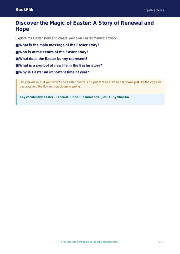 Free Easter Story Poster | Year 4 Core | BookFlik worksheet preview — English Easter Story