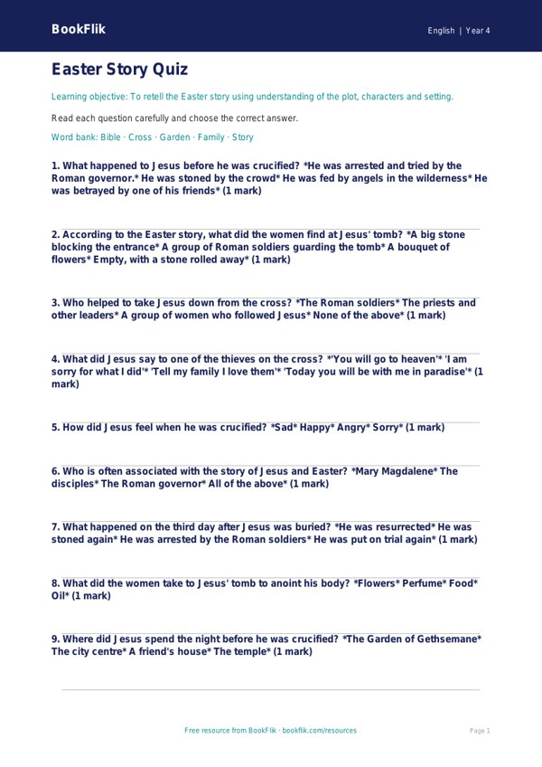 Free Easter Story Quiz | Year 4 Core | BookFlik worksheet preview — English Easter Story