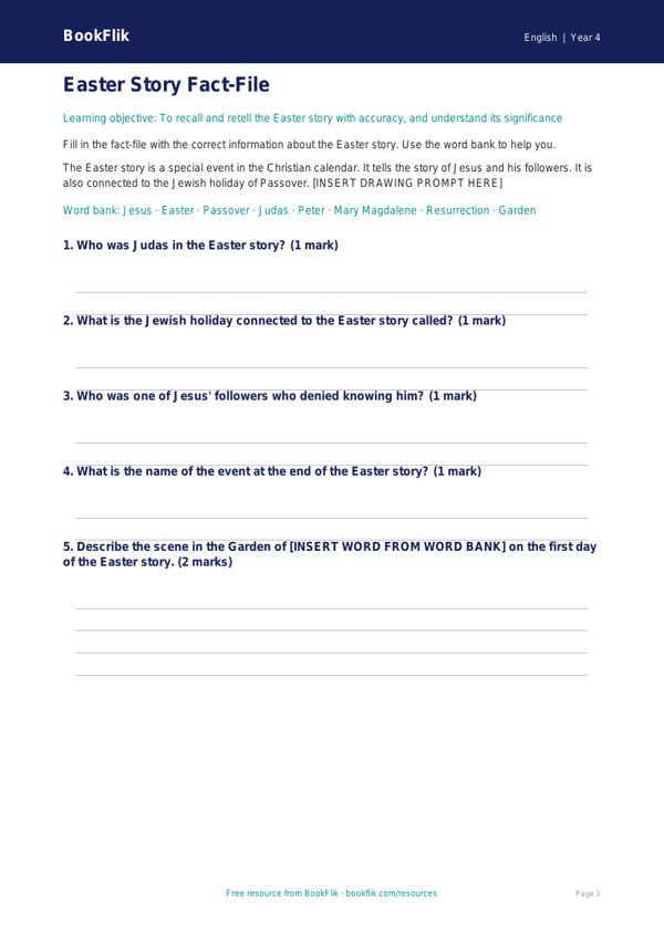 Free Easter Story Template | Year 4 Core | BookFlik worksheet preview — English Easter Story