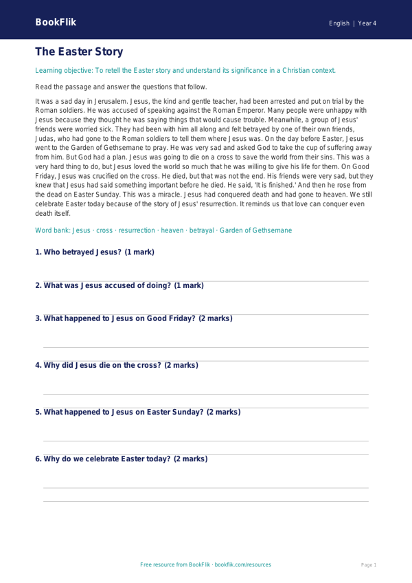 Free Easter Story Track Sheet | Year 4 Core | BookFlik worksheet preview — English Easter Story