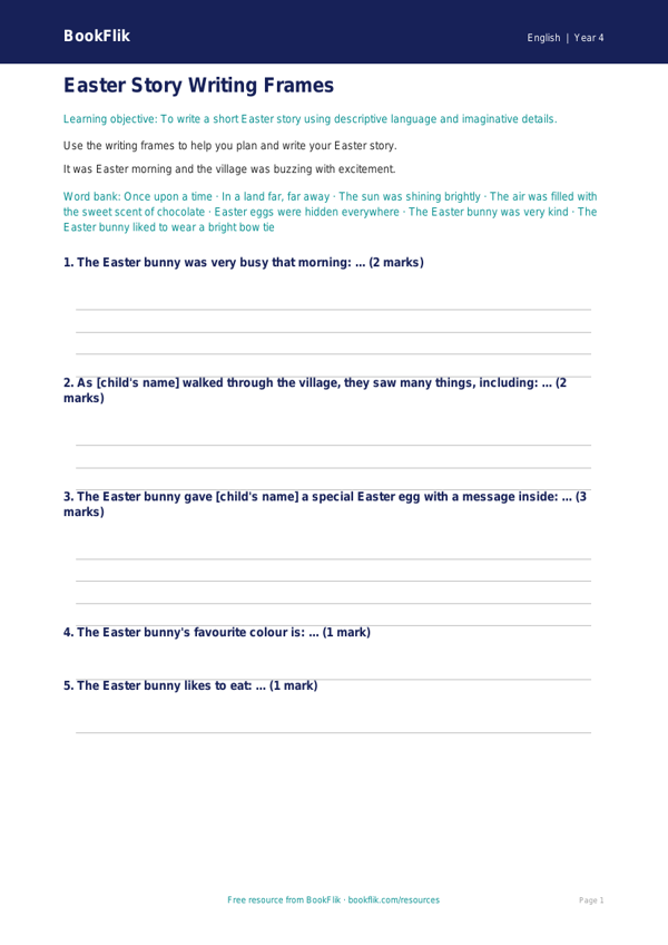 Free Easter Story Writing Frame | Year 4 Core | BookFlik worksheet preview — English Easter Story