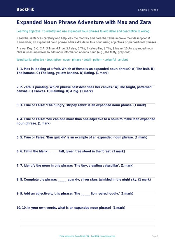 Free Expanded Noun Phrases Quiz | Year 4 Core | BookFlik worksheet preview — English Expanded Noun Phrases
