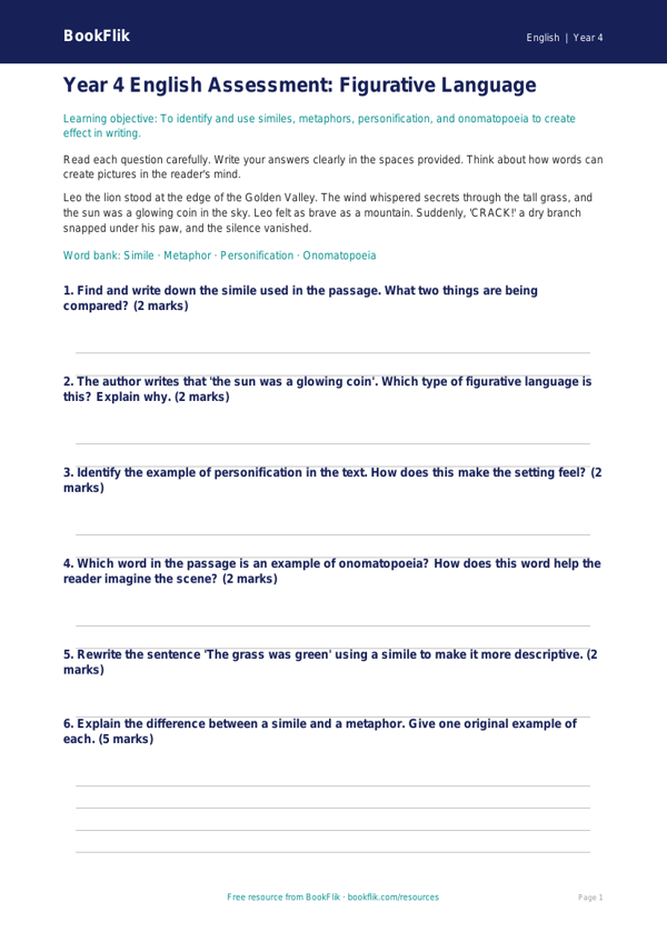 Free Figurative Language Assessment | Year 4 Core | BookFlik worksheet preview — English Figurative Language