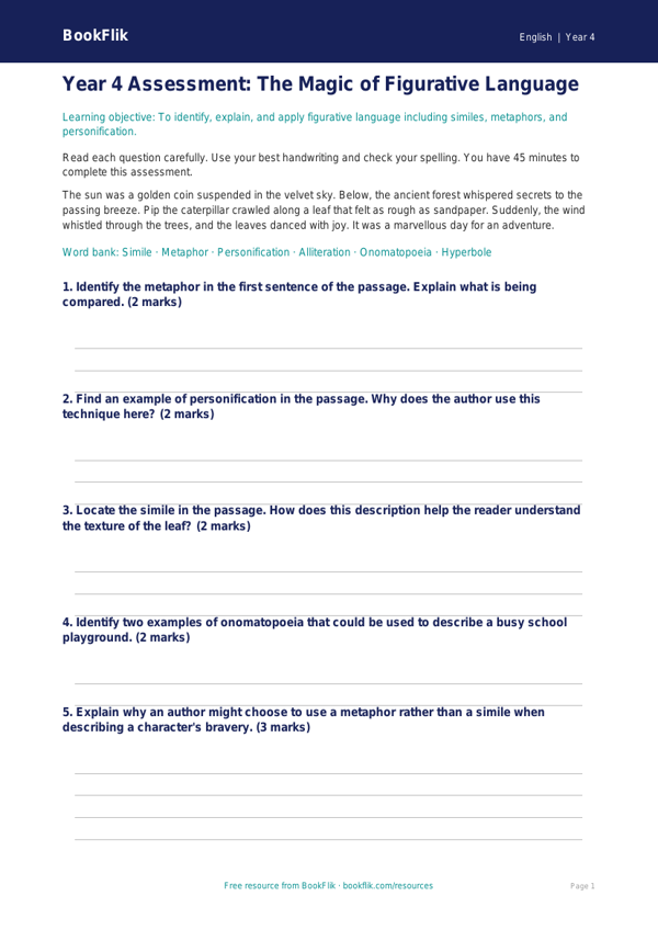 Free Figurative Language Assessment | Year 4 Greater Depth | BookFlik worksheet preview — English Figurative Language