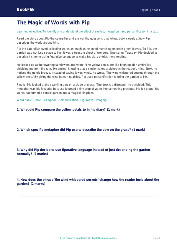 Free Figurative Language Comprehension | Year 4 Core | BookFlik worksheet preview — English Figurative Language