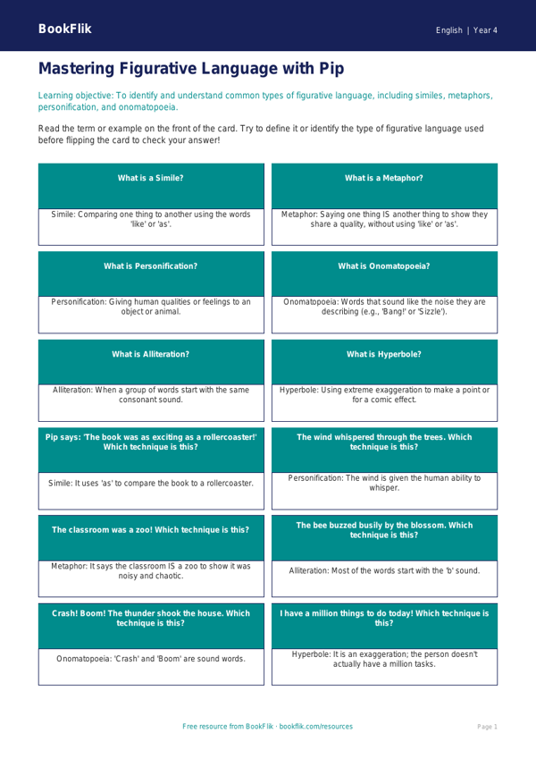 Free Figurative Language Flashcards | Year 4 Core | BookFlik worksheet preview — English Figurative Language