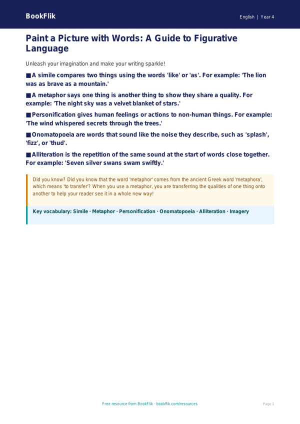 Free Figurative Language Poster | Year 4 Core | BookFlik worksheet preview — English Figurative Language