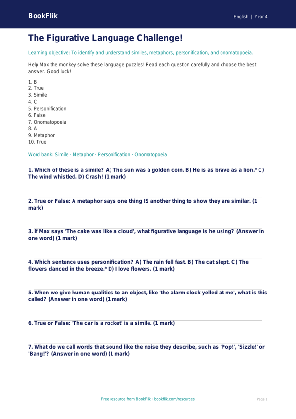 Free Figurative Language Quiz | Year 4 Core | BookFlik worksheet preview — English Figurative Language