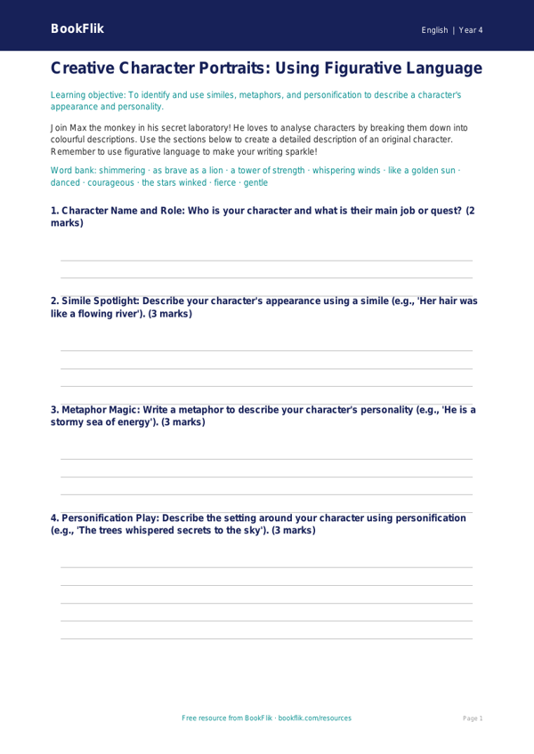 Free Figurative Language Template | Year 4 Core | BookFlik worksheet preview — English Figurative Language