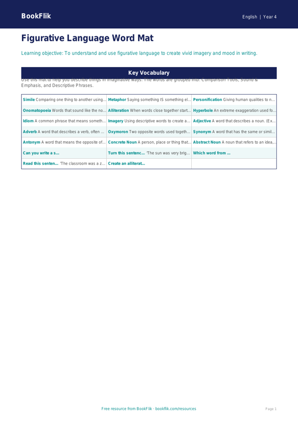 Free Figurative Language Word Mat | Year 4 Core | BookFlik worksheet preview — English Figurative Language