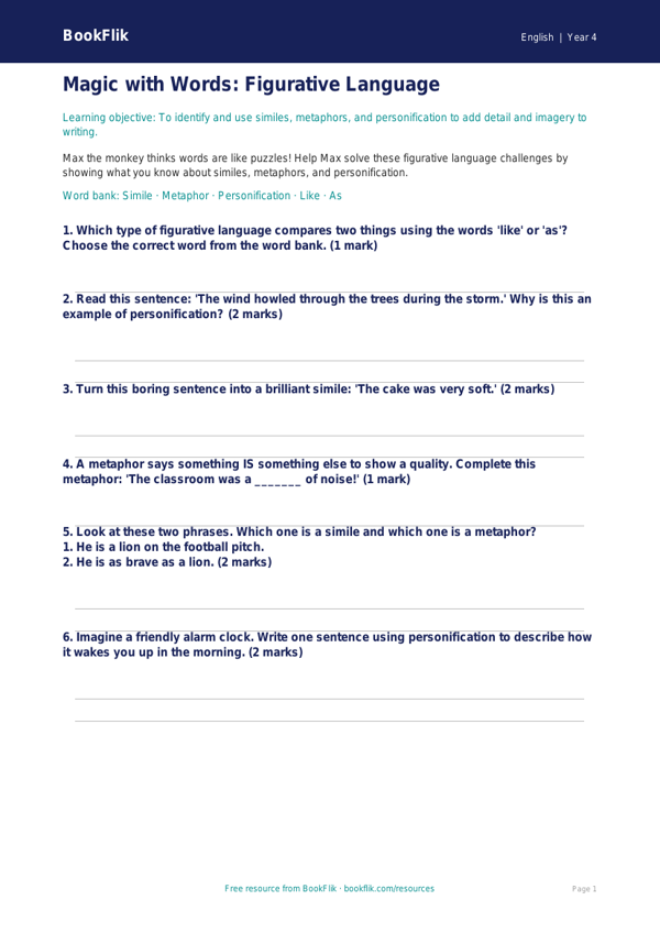 Free Figurative Language Worksheet | Year 4 Core | BookFlik worksheet preview — English Figurative Language