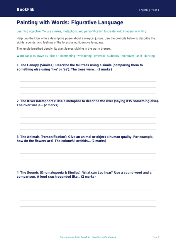 Free Figurative Language Writing Frame | Year 4 Core | BookFlik worksheet preview — English Figurative Language