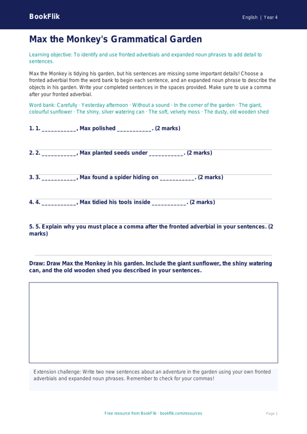 Free Grammar Activity Sheet | Year 4 Core | BookFlik worksheet preview — English Grammar