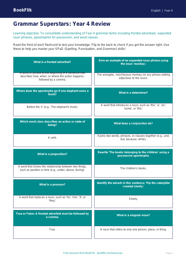 Free Grammar Flashcards | Year 4 Core | BookFlik worksheet preview — English Grammar