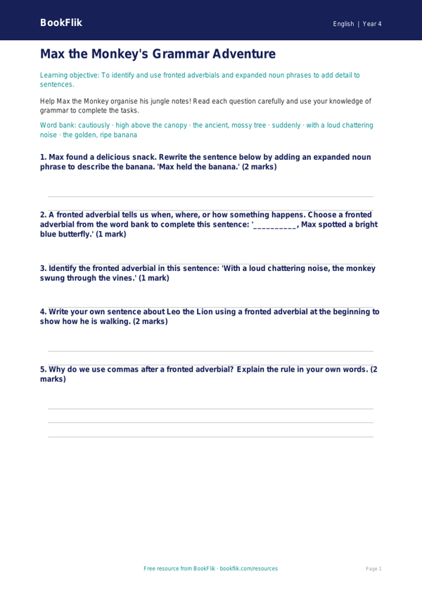 Free Grammar Worksheet | Year 4 Core | BookFlik worksheet preview — English Grammar