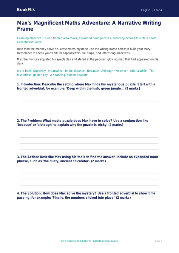 Free Grammar Writing Frame | Year 4 Core | BookFlik worksheet preview — English Grammar