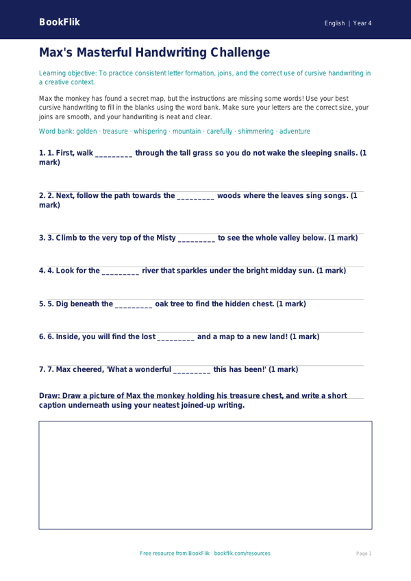 Free Handwriting Activity Sheet | Year 4 Core | BookFlik worksheet preview — English Handwriting