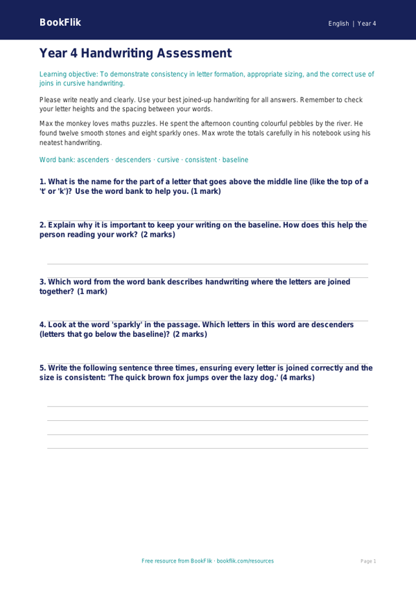 Free Handwriting Assessment | Year 4 Core | BookFlik worksheet preview — English Handwriting