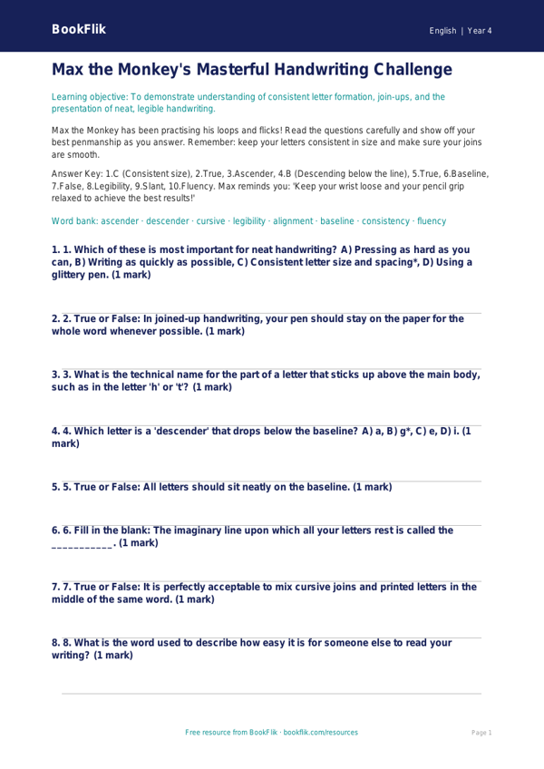 Free Handwriting Quiz | Year 4 Greater Depth | BookFlik worksheet preview — English Handwriting