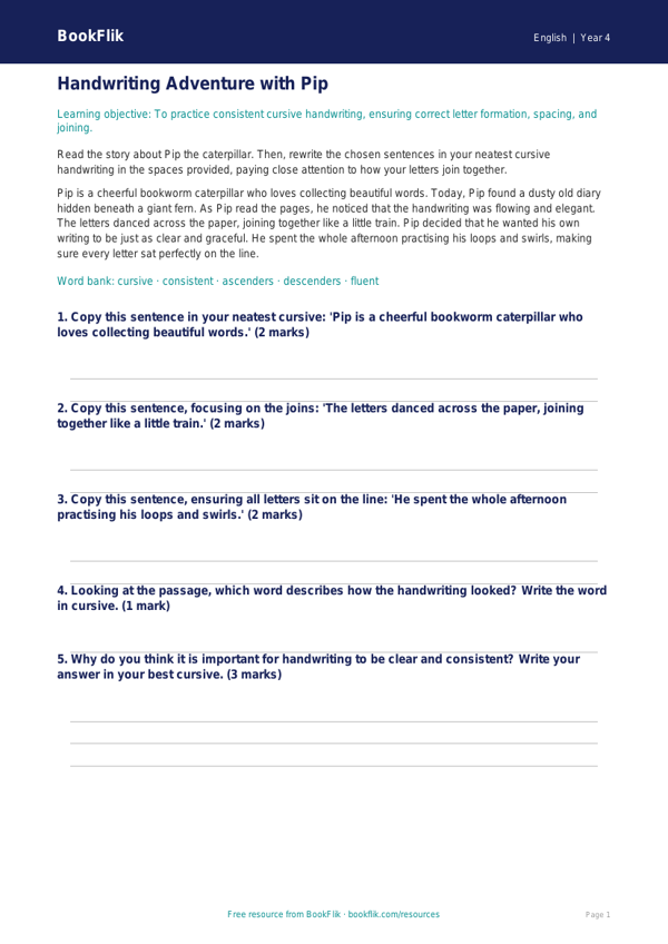 Free Handwriting Track Sheet | Year 4 Core | BookFlik worksheet preview — English Handwriting