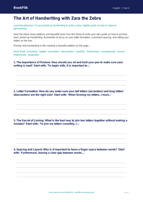 Free Handwriting Writing Frame | Year 4 Core | BookFlik worksheet preview — English Handwriting