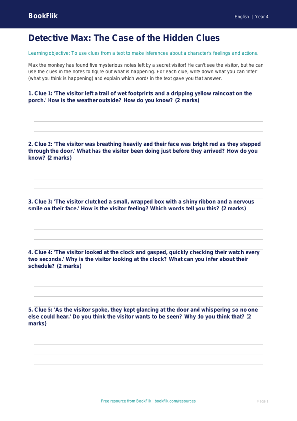 Free Inference Activity Sheet | Year 4 Core | BookFlik worksheet preview — English Inference