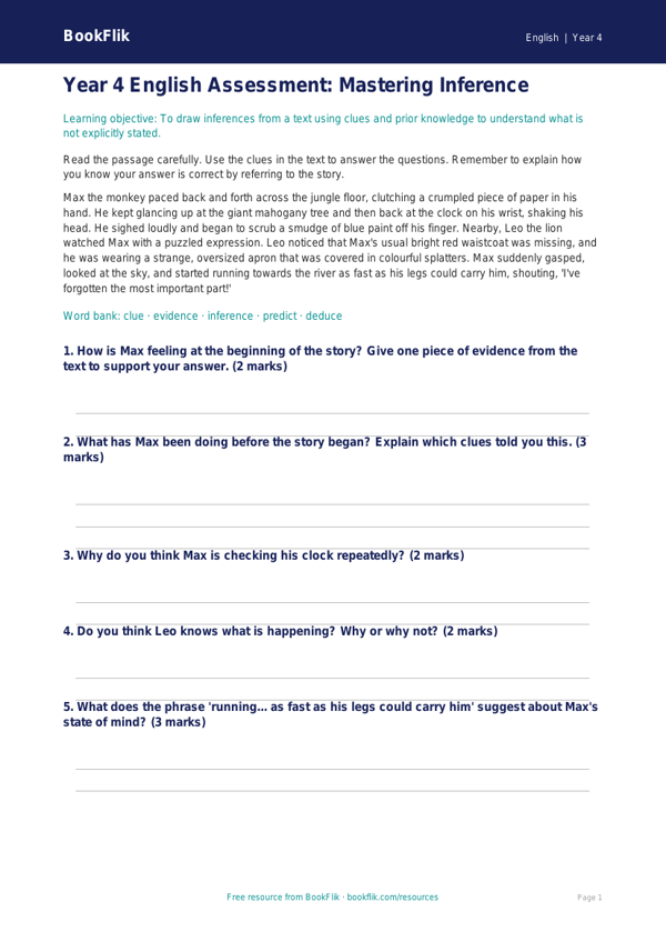 Free Inference Assessment | Year 4 Core | BookFlik worksheet preview — English Inference