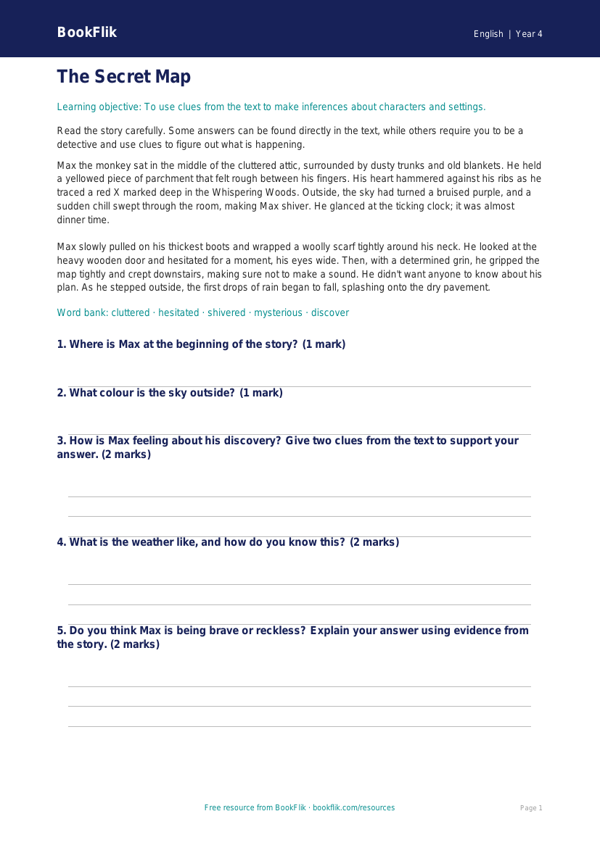 Free Inference Comprehension | Year 4 Core | BookFlik worksheet preview — English Inference