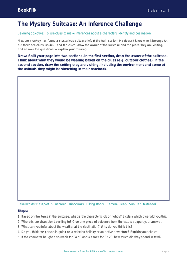 Free Inference Drawing Sheet | Year 4 Core | BookFlik worksheet preview — English Inference