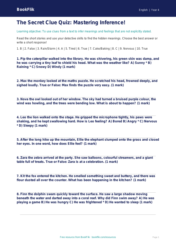 Free Inference Quiz | Year 4 Core | BookFlik worksheet preview — English Inference