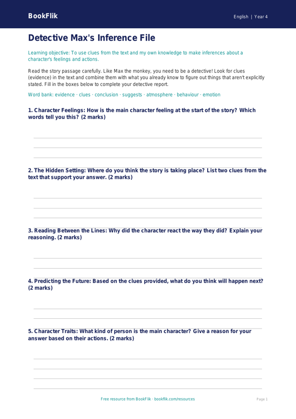 Free Inference Template | Year 4 Core | BookFlik worksheet preview — English Inference