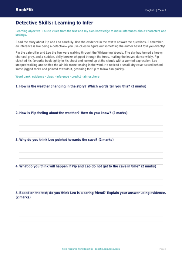 Free Inference Track Sheet | Year 4 Core | BookFlik worksheet preview — English Inference