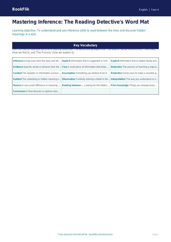 Free Inference Word Mat | Year 4 Core | BookFlik worksheet preview — English Inference