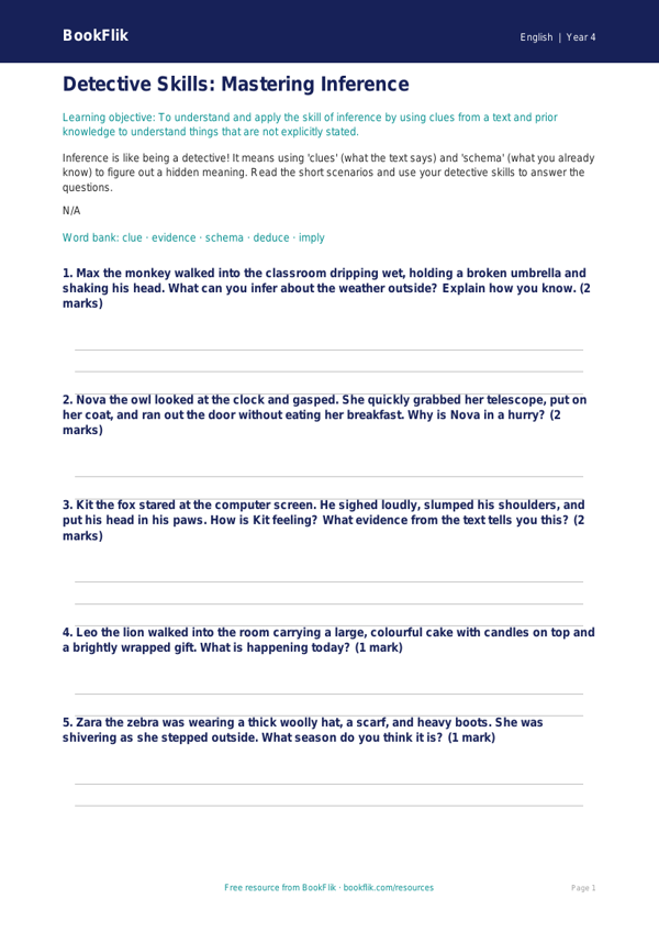 Free Inference Worksheet | Year 4 Core | BookFlik worksheet preview — English Inference