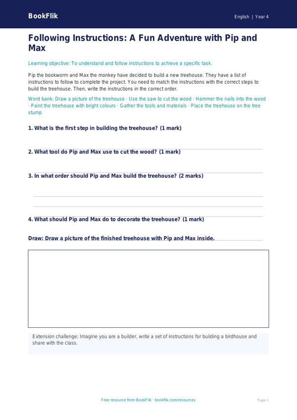 Free Year 4 Instructions Activity Sheet | BookFlik Educational Resources worksheet preview — English Instructions
