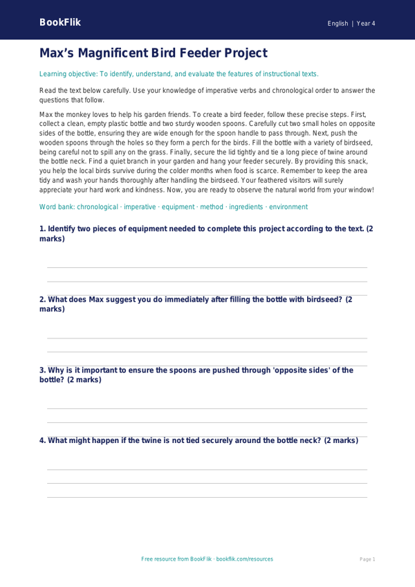 Free Instructions Comprehension | Year 4 Greater Depth | BookFlik worksheet preview — English Instructions