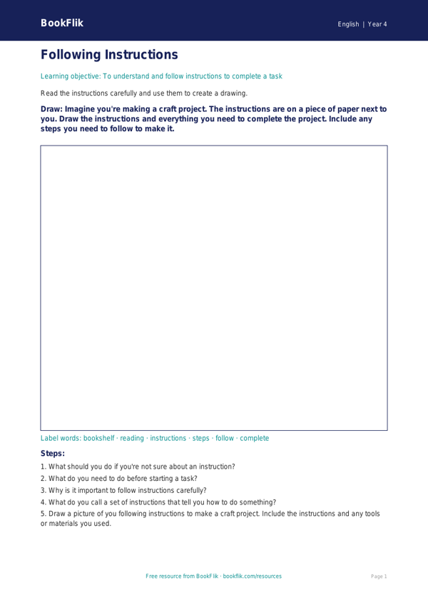 Free Instructions Drawing Sheet | Year 4 Core | BookFlik worksheet preview — English Instructions