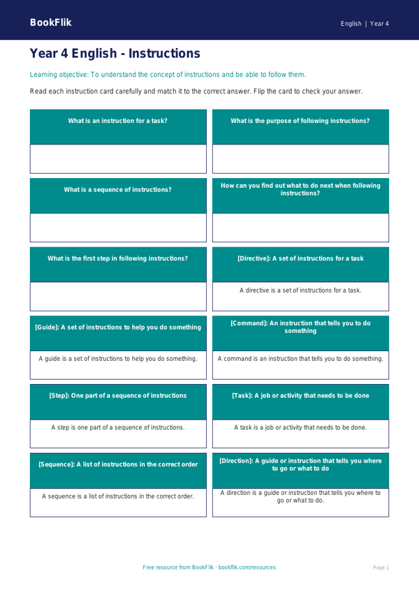 Free Year 4 Instructions Flashcards | Interactive Learning | BookFlik worksheet preview — English Instructions