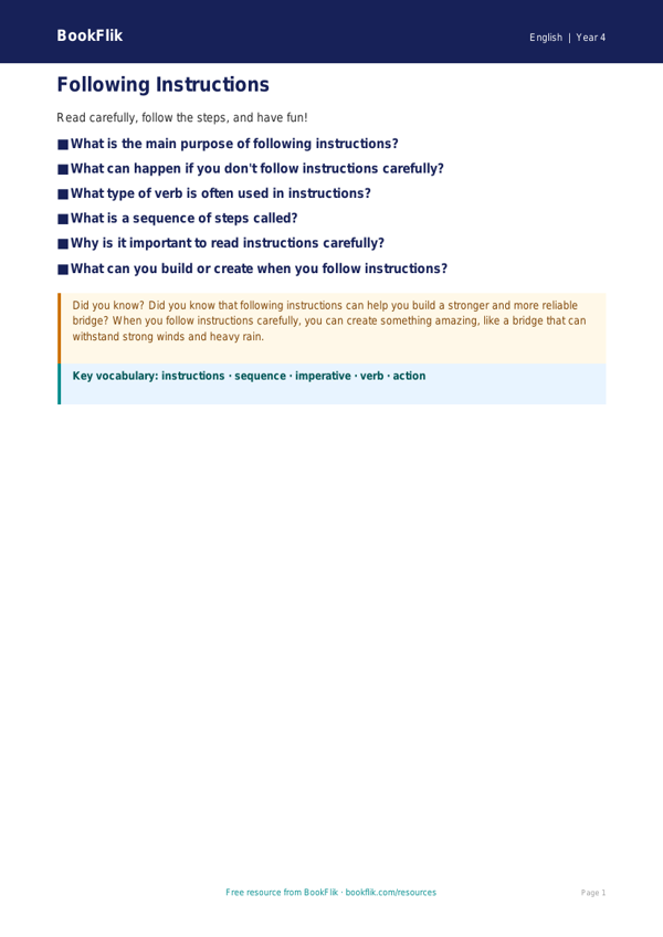 Free Year 4 Instructions Poster | Educational Worksheet | BookFlik worksheet preview — English Instructions