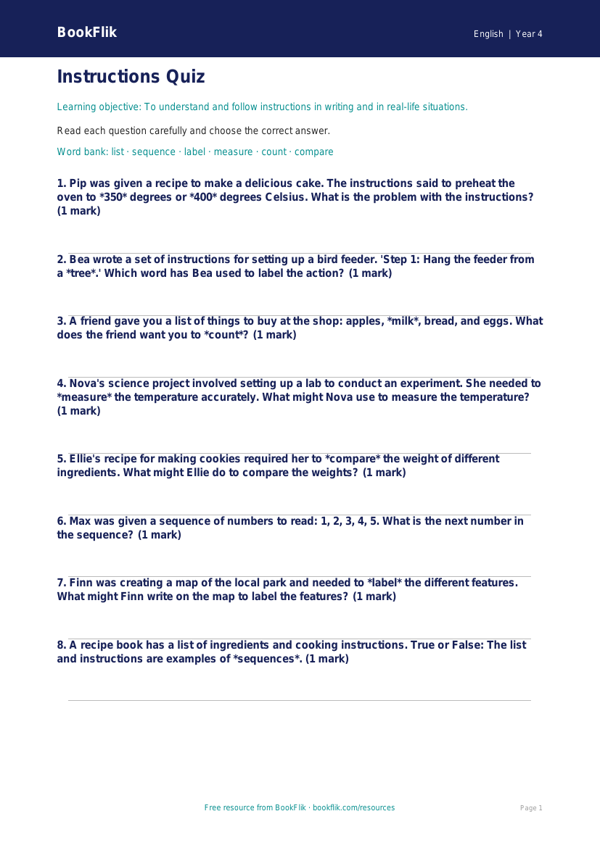 Free Instructions Quiz | Year 4 Core | BookFlik worksheet preview — English Instructions