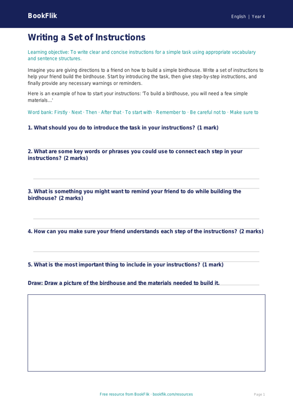 Free Instructions Writing Frame | Year 4 Core | BookFlik worksheet preview — English Instructions