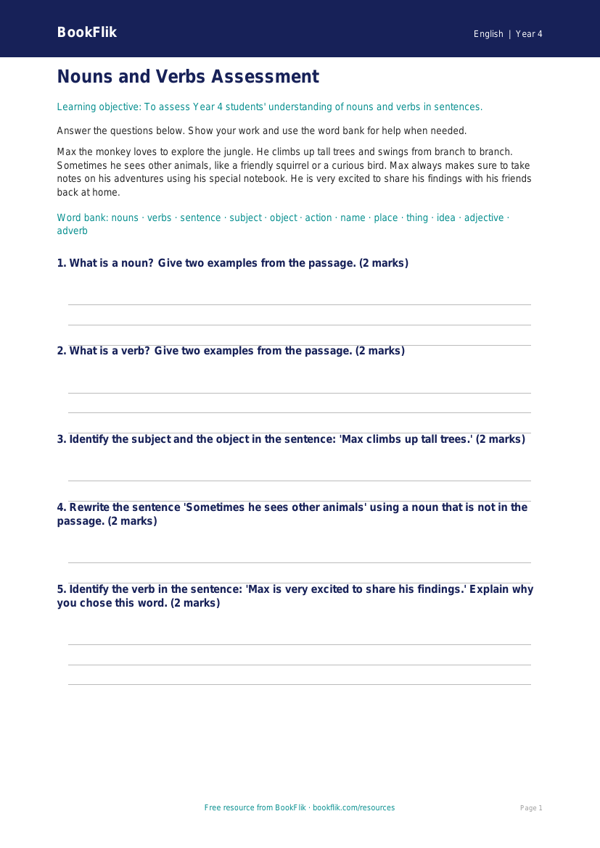 Free Nouns And Verbs Assessment | Year 4 Core | BookFlik worksheet preview — English Nouns And Verbs