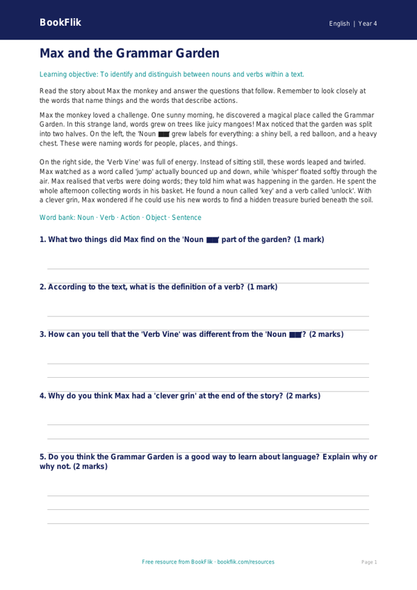 Free Nouns And Verbs Comprehension | Year 4 Core | BookFlik worksheet preview — English Nouns And Verbs