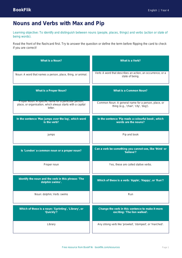 Free Nouns and Verbs Worksheets | Year 4 English | BookFlik worksheet preview — English Nouns And Verbs