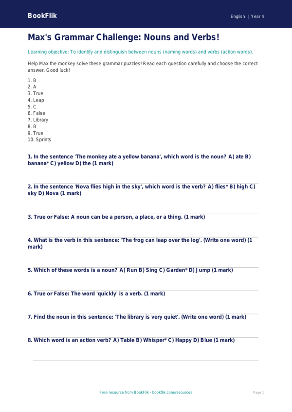Free Nouns And Verbs Quiz | Year 4 Core | BookFlik worksheet preview — English Nouns And Verbs