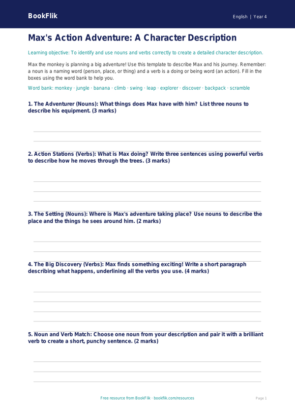 Free Nouns And Verbs Template | Year 4 Core | BookFlik worksheet preview — English Nouns And Verbs
