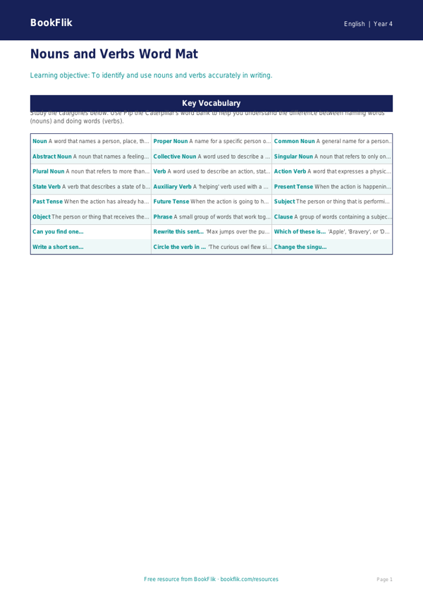 Free Nouns And Verbs Word Mat | Year 4 Core | BookFlik worksheet preview — English Nouns And Verbs