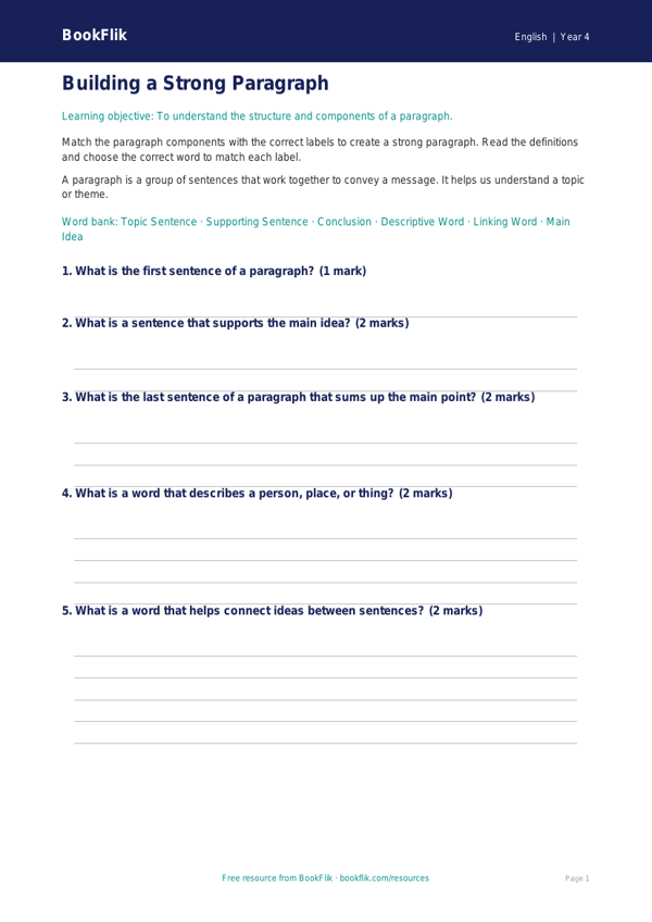 Free Paragraphs Activity Sheet | Year 4 Core | BookFlik worksheet preview — English Paragraphs