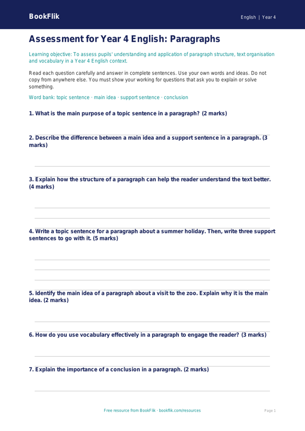 Free Paragraphs Assessment | Year 4 Core | BookFlik worksheet preview — English Paragraphs