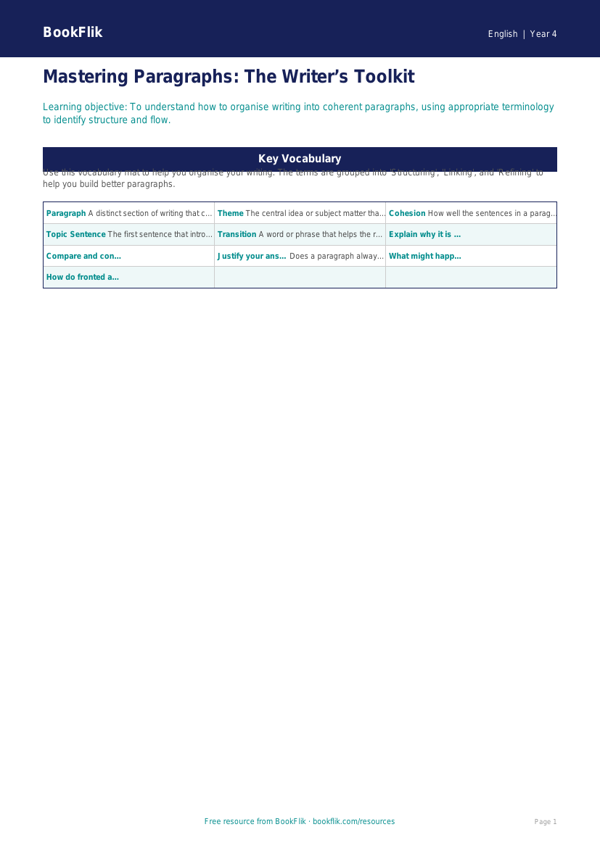 Free Paragraphs Word Mat | Year 4 Greater Depth | BookFlik worksheet preview — English Paragraphs